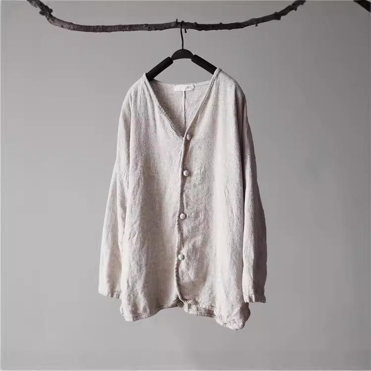 Dámský retro lněný kardigan - Národní styl, jednobarevný, ležérní volný střih na jaro a podzim