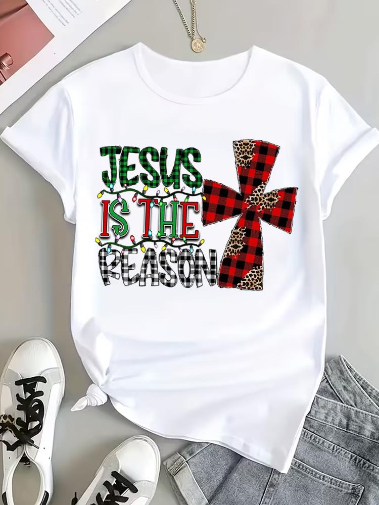 (Asian Size) faith printing trend Christmas Clothing T Shirt Tee Top Festival New Year Women Fashion Print Female Woman Short Sleeve Graphic T-shirts