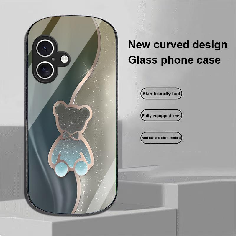 Trompe L'oeil Bear For Apple IPhone 16 11 13 15 14 Pro Max 12 Mini 7 8 Plus XR X XS Elliptical Shaped Tempered Glass Phone Case