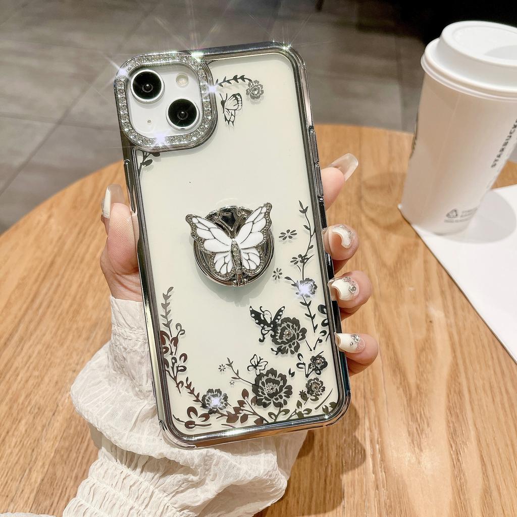 Applicable To Apple 15ProMax Phone Case, IPhone14 Electroplated Butterfly Ring Stand, Lens Flash Diamond Protective Case