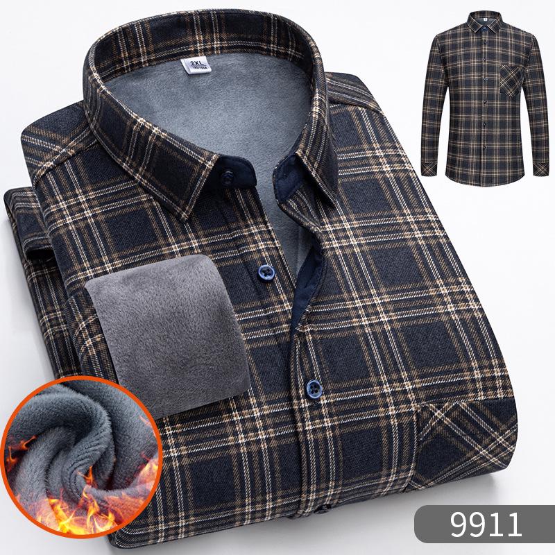 Men's Luxe Double-Sided Velvet Thickened Striped Plaid Long Sleeve Shirt for Autumn and Winter