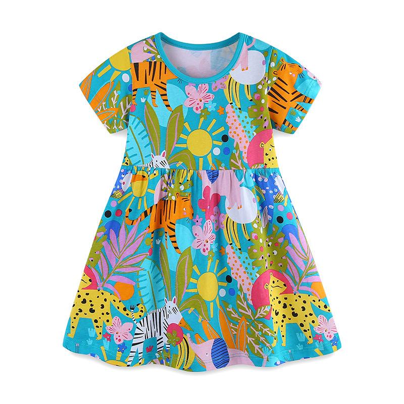 Girls Summer Short Sleeve Round Neck Knit Cotton Dress with Cute Animal Print 90