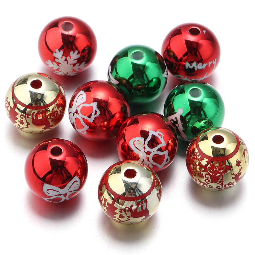 10Pcs 15.5mm Acrylic Plated UV Colored Beads Stripes Star Printed Loose Round Beads For DIY Phone Chain Jewelry Accessories