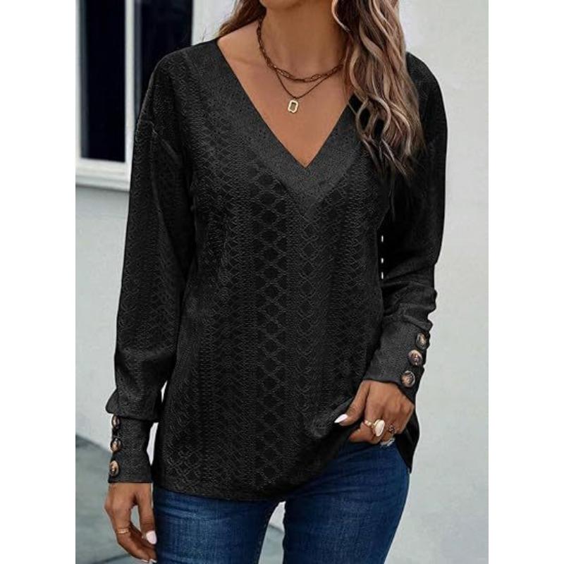 INDFS Damenmode, lässig, einfarbig, bedruckt, Frühling und Herbst, langärmelig, V-Ausschnitt, Pullover und lange Ärmel