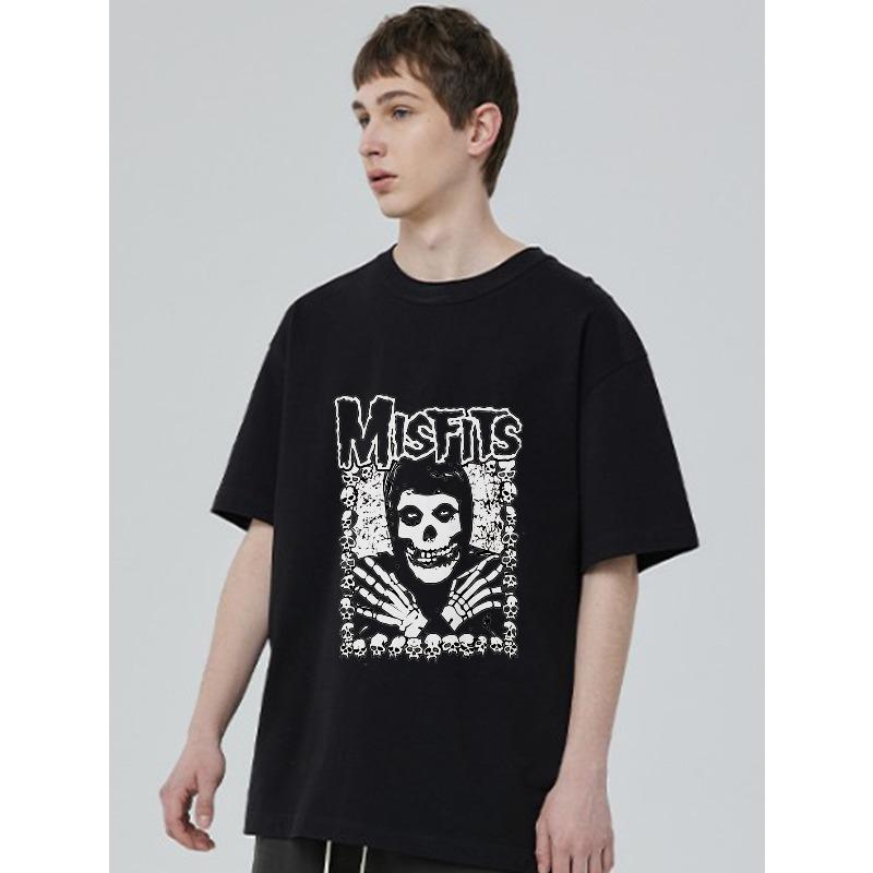 Black T-Shirt Misfits Skull Logo Band Print Casual Streetwear Men's Top Music Festival Wear