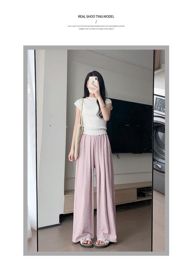 Women's High-Waisted Ice Silk Textured Wide-Leg Pants - Douyin Quality, White, Slimming, 2025 New Arrival