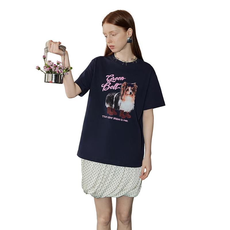 

GREEN BELT Women s Dog Print Loose Short Sleeve T-Shirt S