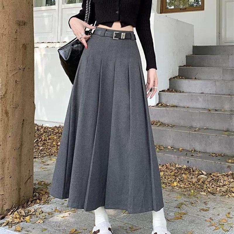 Women's Gray A-Line Pleated Midi Skirt: Slim Fit, Commuter Style, Perfect for Early Spring, Autumn, and Winter.
