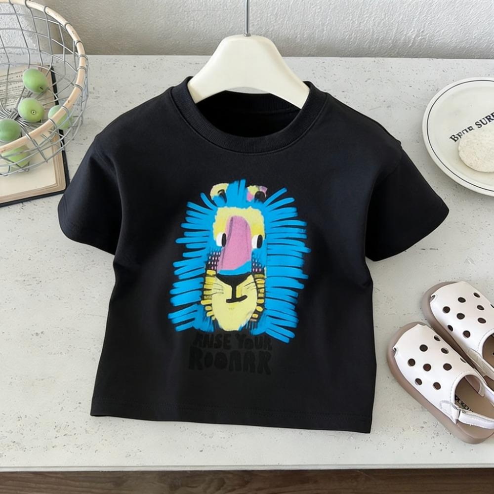 

Toddler Summer Cool Cartoon T Shirt Boys Girls Short Sleeve Tee Trendy Lion Duck Tomato Surf Pizza Cat Print Kids Cloth 110