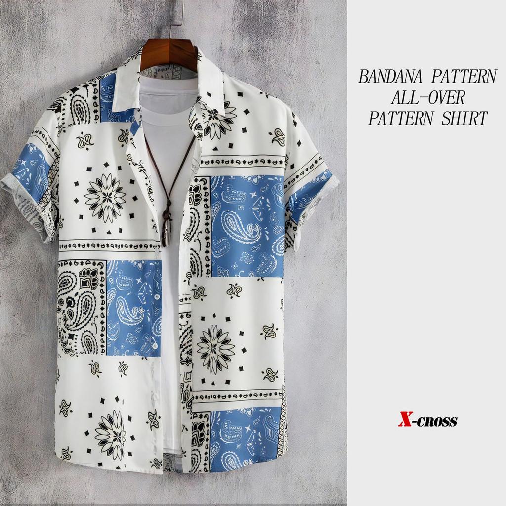 Short Sleeve Plus Bandana Paisley Open Loose American Short Korean Street Sizes Lightweight White X-cross Men's Shirt, Size, Casual, Stylish, Summer,