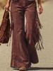 Women's Vintage Western Faux Suede Fringe Wide Leg Cargo Pants Work Pants Trousers