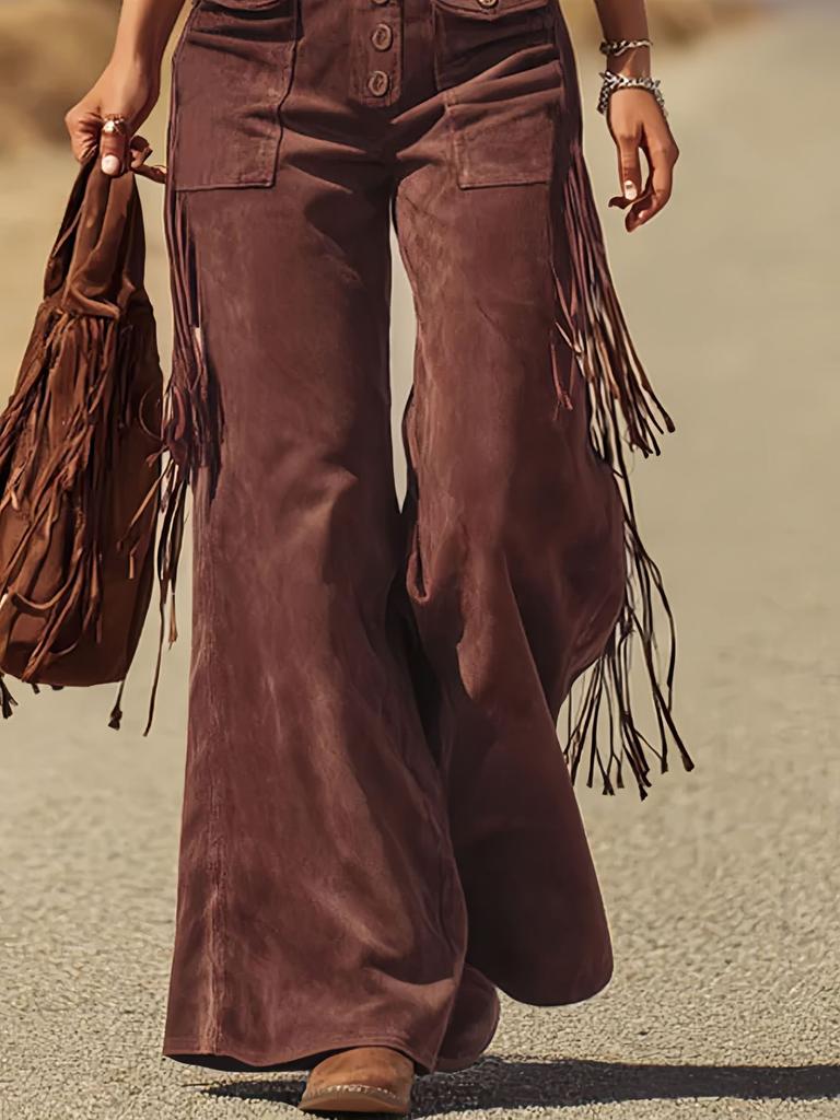 Women's Vintage Western Faux Suede Fringe Wide Leg Cargo Pants Work Pants Trousers