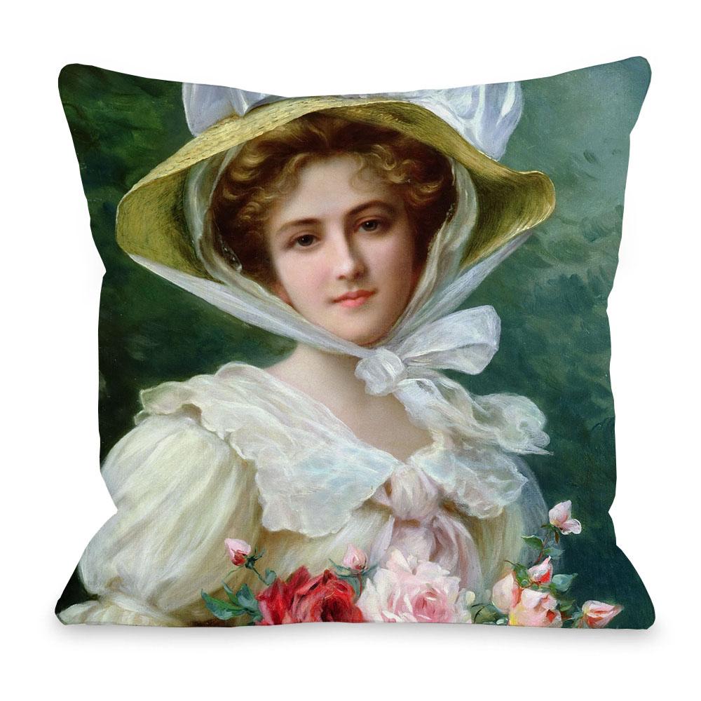 European Royal Court Lady Young Woman Portrait Painting Sofa Throw Pillowcase Rose Flower Home Decoration Art Cushion Cover