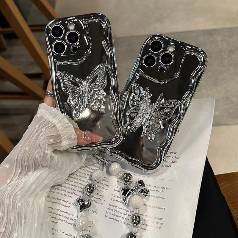 Applicable to Apple 17 mobile phone case three-dimensional silver butterfly iPhone16promax electroplating fashion style women's bracelet