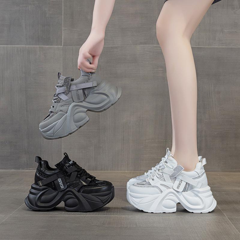 2025 summer new platform dad shoes women's rhinestone lace-up mesh shoes versatile heel high casual height increase and thin women's shoes