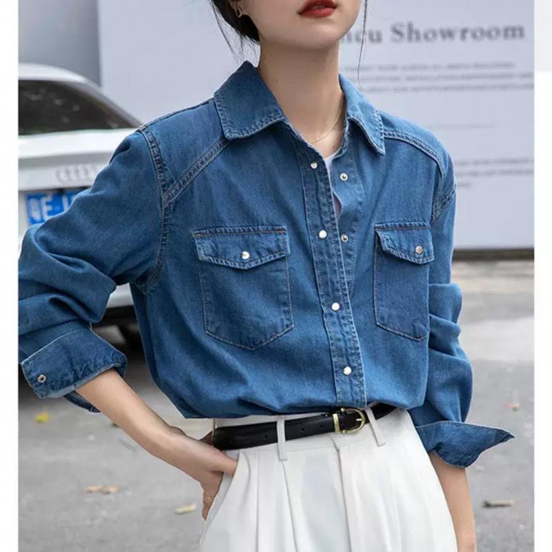 Women s Petite Retro Blue Denim Shirt - 2023 Spring, Long Sleeve Layering Top M