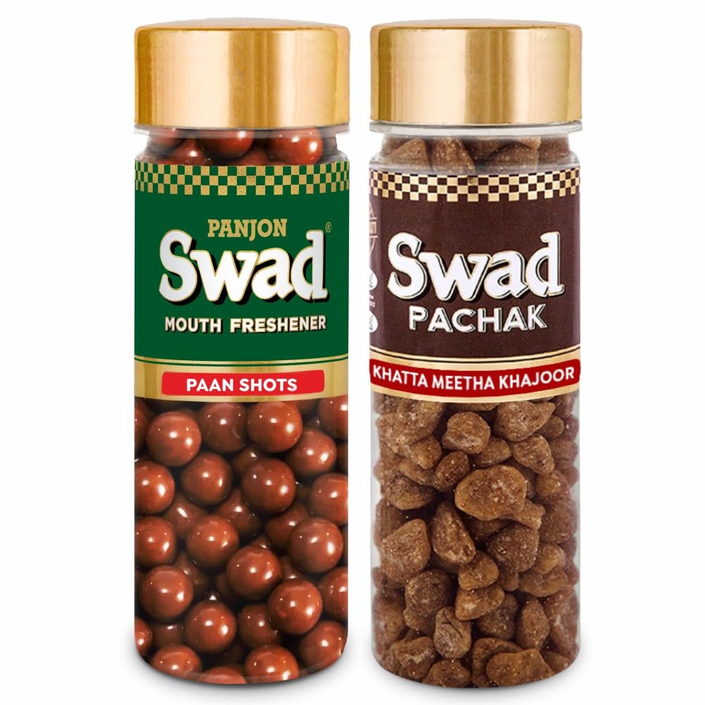 

Panjon Swad Paan Shots & Khata Meetha Khajoor Tasty Mouthfresheners | After-Meal Mukhwas, 2 Bottles