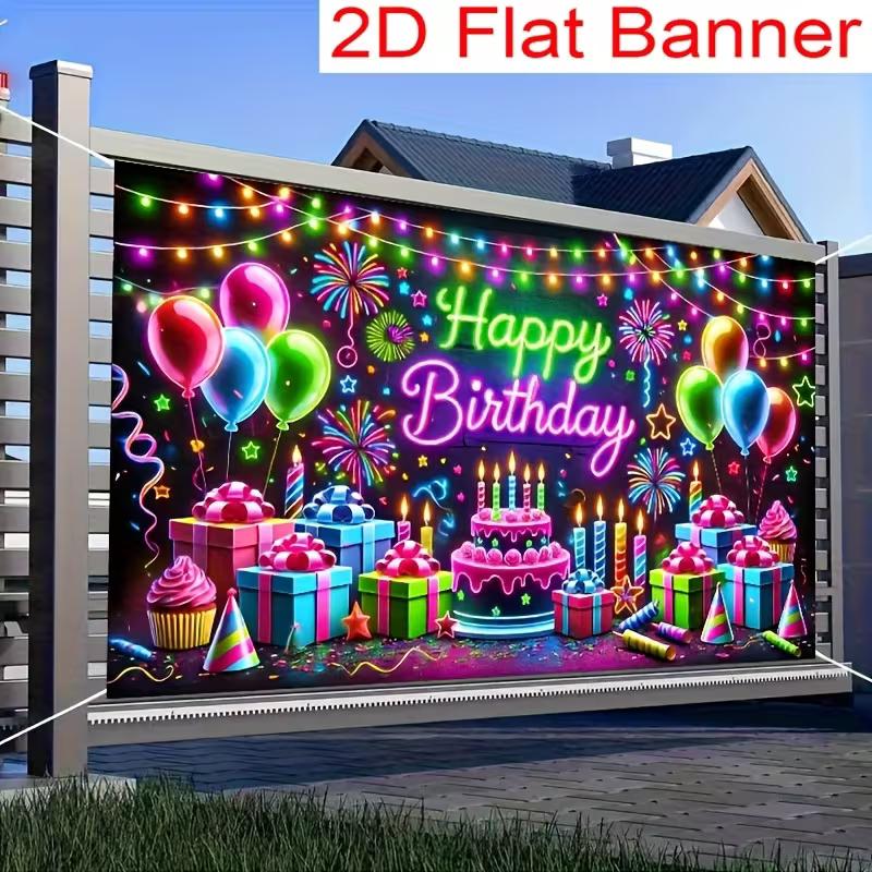 2D Blacklight Birthday Background Cloth, Neon Balloon & Cake Party Backdrop