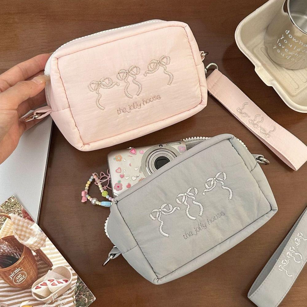 Keychain Zipper Wristlet Wallet With Lanyard Embroidered Bow Makeup Bag Nylon Coin Pocket  Outdoor