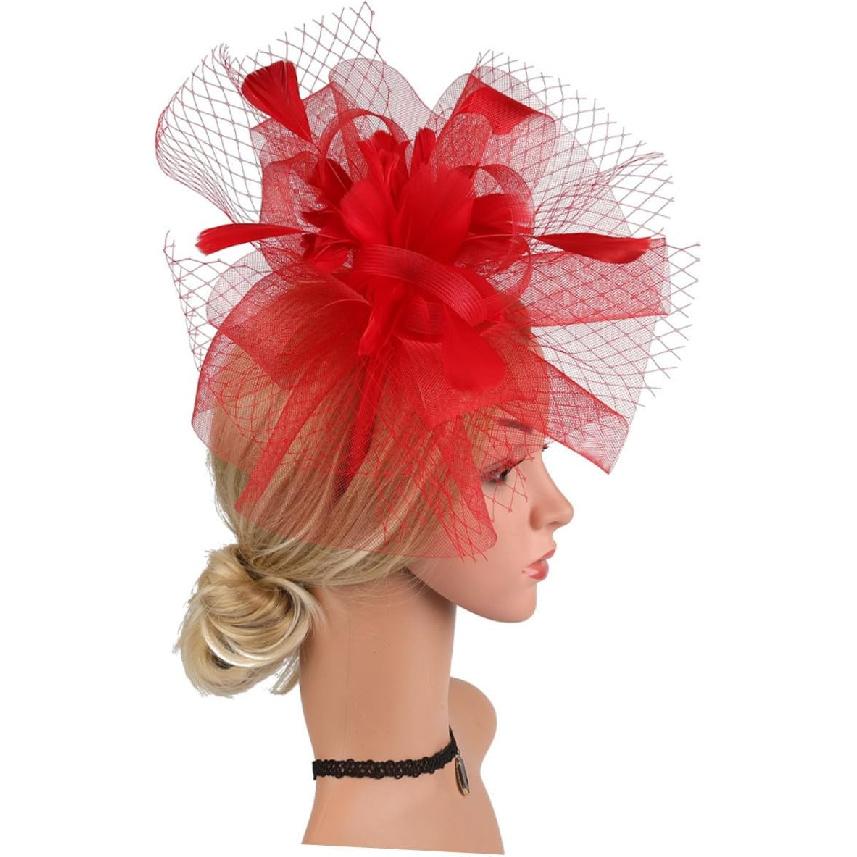Fascinators Hat Mesh Cocktail Tea Party Headband with Hair Clip for Women Flapper Accessories Special Occasion Red
