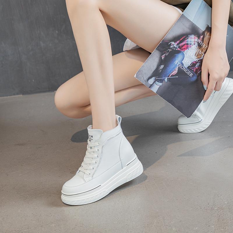 Inner height increase 7 leather little white shoes women, autumn new versatile thick-soled muffin casual shoes autumn models