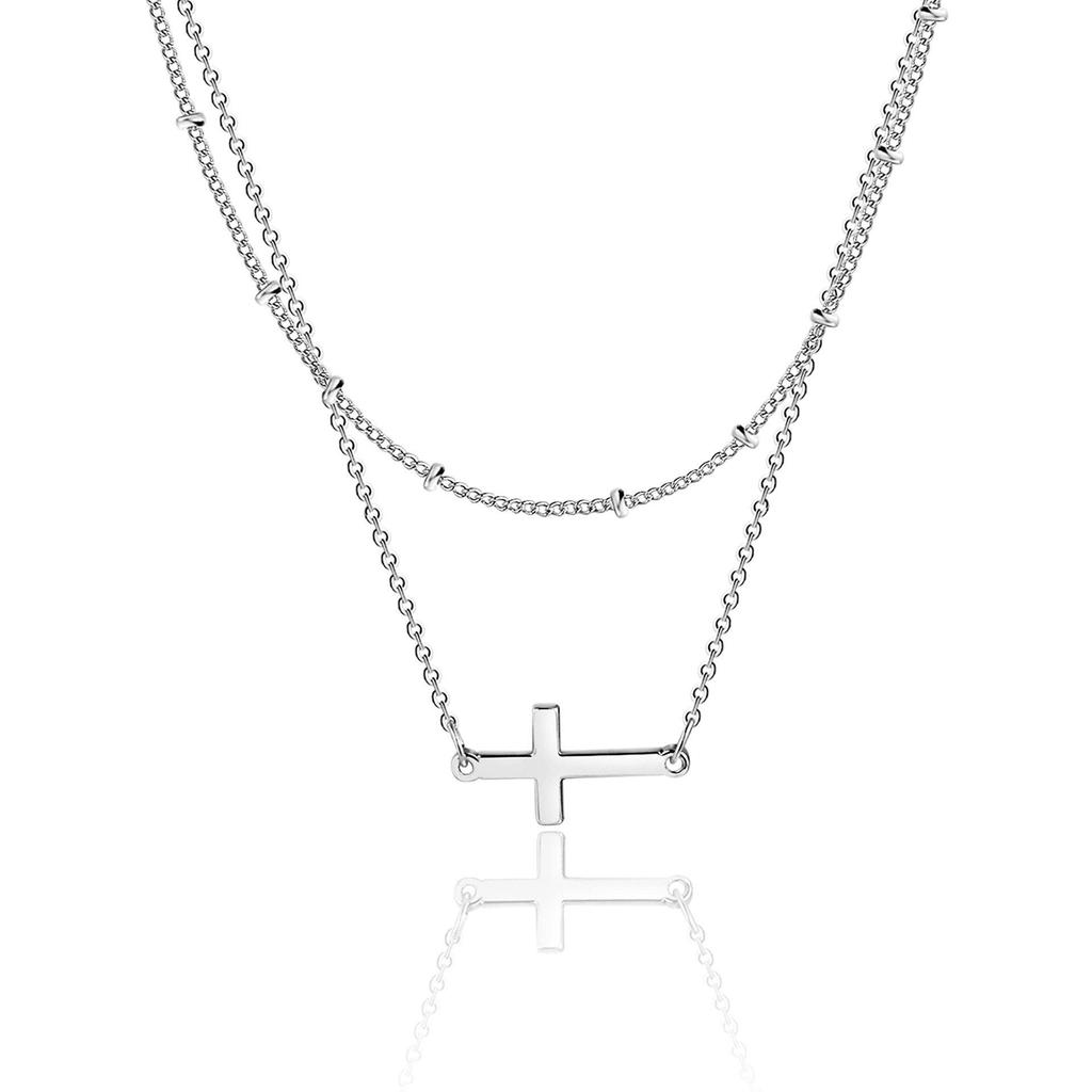 Stainless Steel Double Layer Cross & Bead Necklace for Women