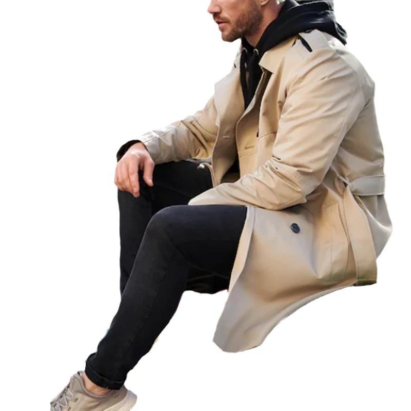Men's New Solid Color Long-sleeved Windbreaker Men's Lapel Slim Double-breasted Casual Jacket