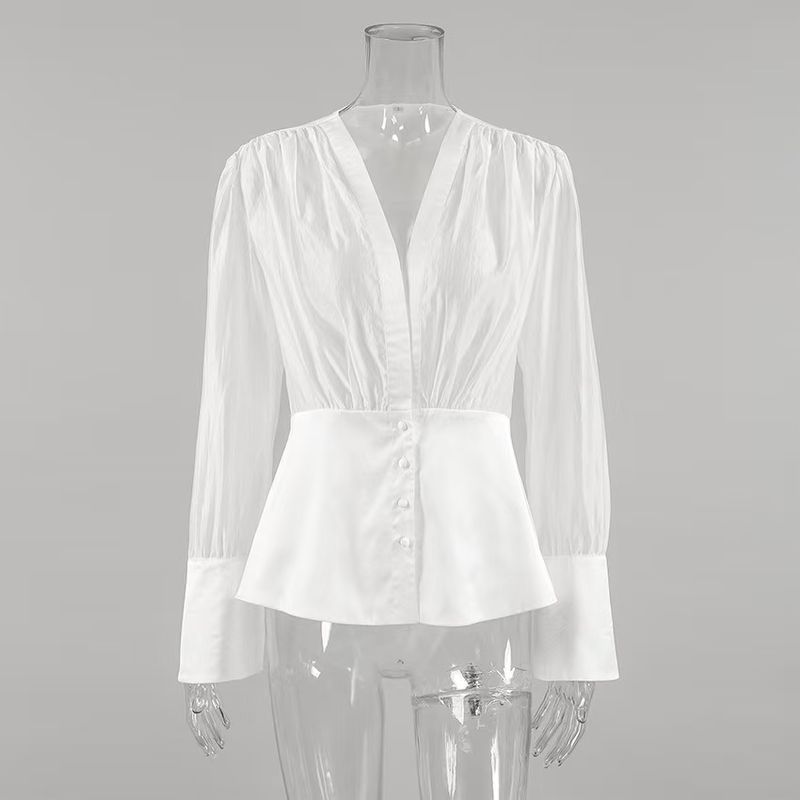 

European and American Fashion New Style Sexy See-through Deep V Tencel Yarn Waist Trimming Shirt Sexy Special Shirt White L