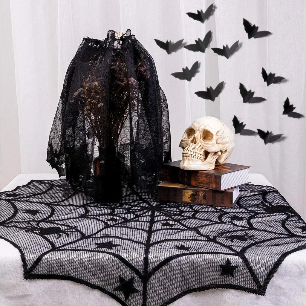 Halloween Tablecloth Bat Spider Web Black Lace Tablecloth Mantel Cloth Family Table Decoration Halloween Party Decoration