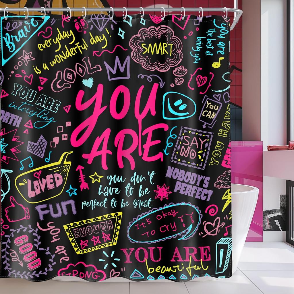 Kids Positive Quotes Shower Curtain Pink Neon Cute Funny Abstract Graffiti Girls Girly Teens You are Artwork Cloth  Waterproof