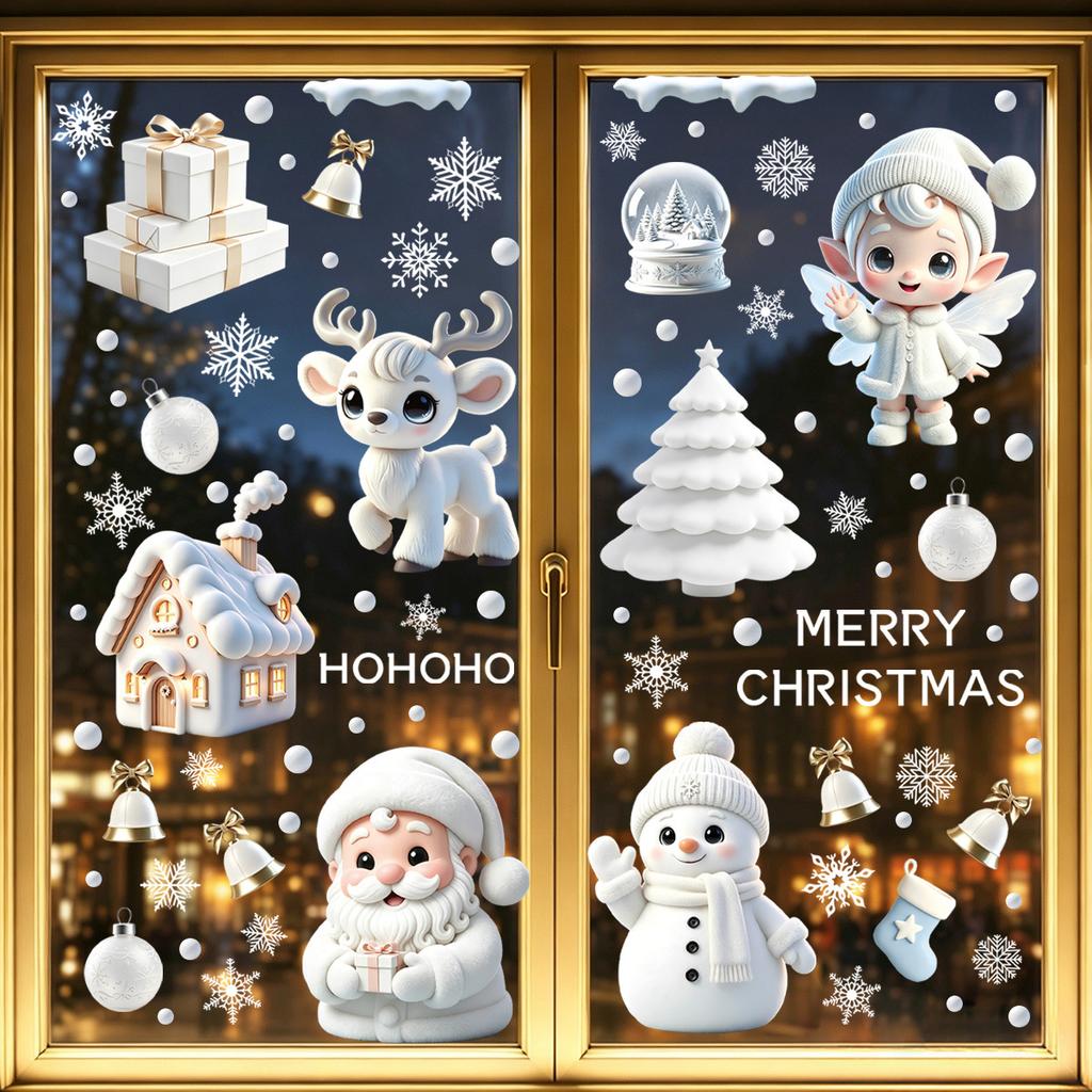 Cartoon Santa Claus and Elf Christmas Window Sticker Static Cling Glass Decor