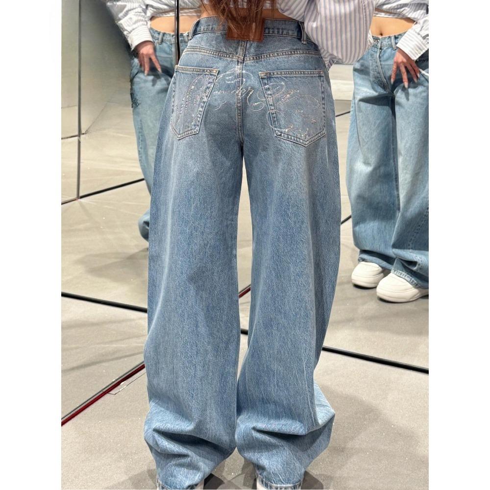 ZYLLO Letter Hot Diamonds High Waited Jeans Woman Street Fashion Baggy Jeans Women Clothing Casual Versatile Pants Women