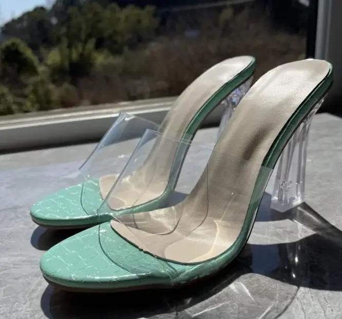 

Женские сандалии, прозрачные тапочки, пикантные женские прозрачные тапочки на высоком каблуке с открытым квадратным носком, прозрачные сандалии на каблуке 37 зелёный