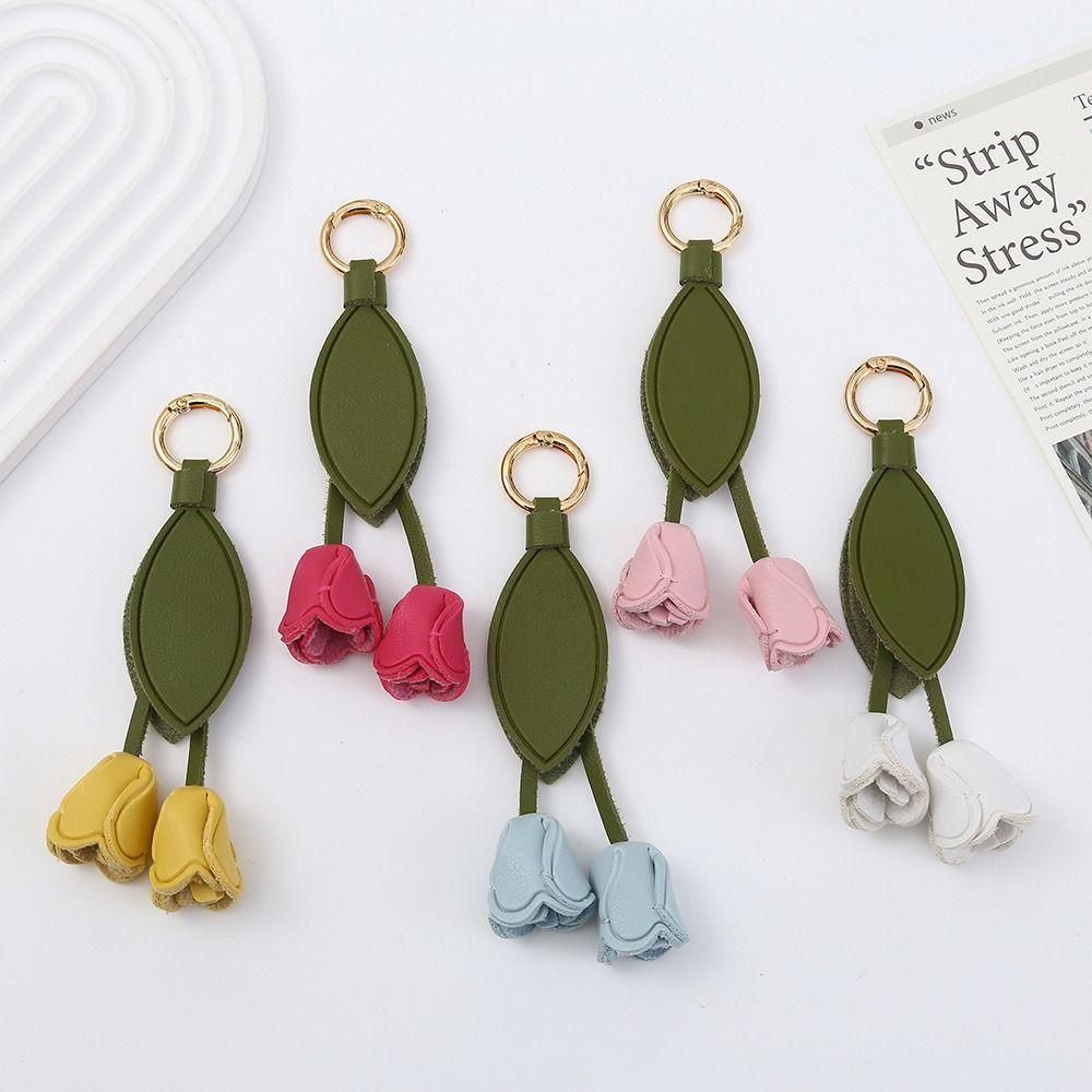 Handmade Flower Pu Keychain Hanger Bag Charm Multi-color Tulip Leather Pendant  Men