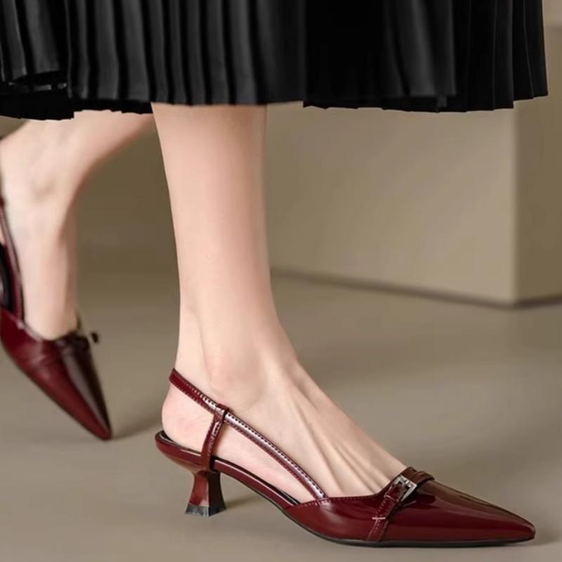 Fashion 2025 New Summer French Wine Red Pointed Patent Leather Mid-heel Overhead Sandals for Women Retro Skinny Heel Back Empty Shoes