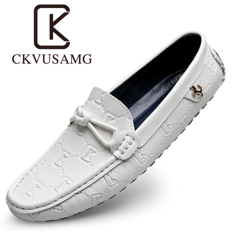 

High-quality men s trendy shoes autumn real cowhide Doudou shoes embossed glossy casual leather shoes 45 білий