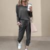 2 Pcs/Set Women Top Pants Suit Crew Neck Long Sleeves Solid Color Sleepwear Sport Sweatshirt Drawstring Elastic Waist Trousers Fitness Outfit Fall