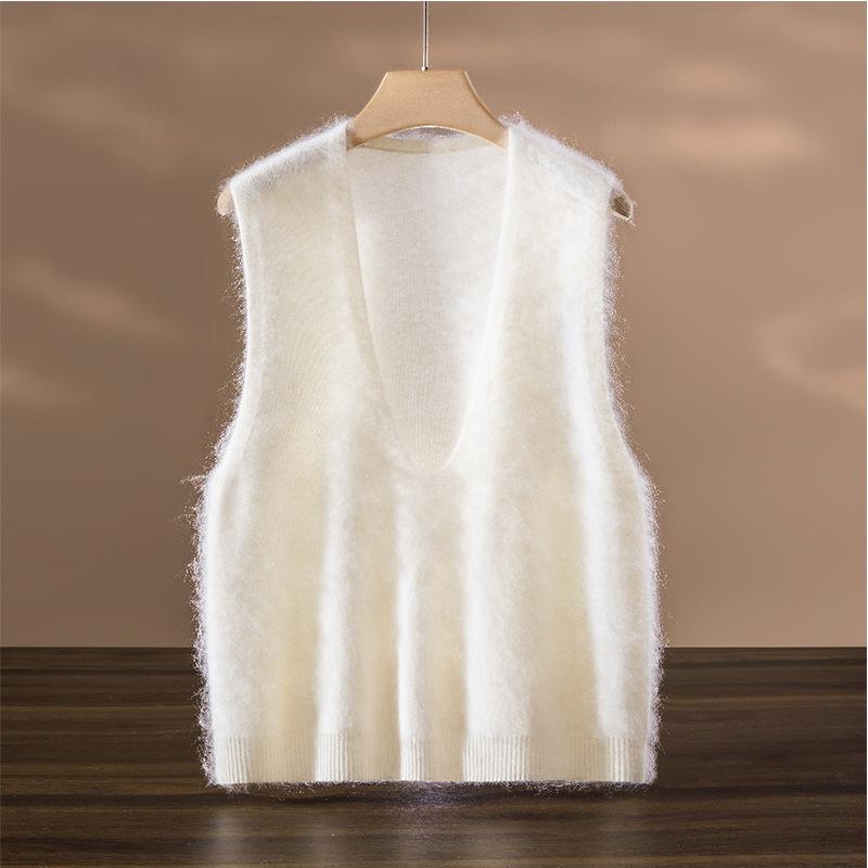 

Многоцветный пики кашемир шерсть с начесом пуловер жилет с глубоким вырезом женский свободный верхний слой многослойный свитер M белый