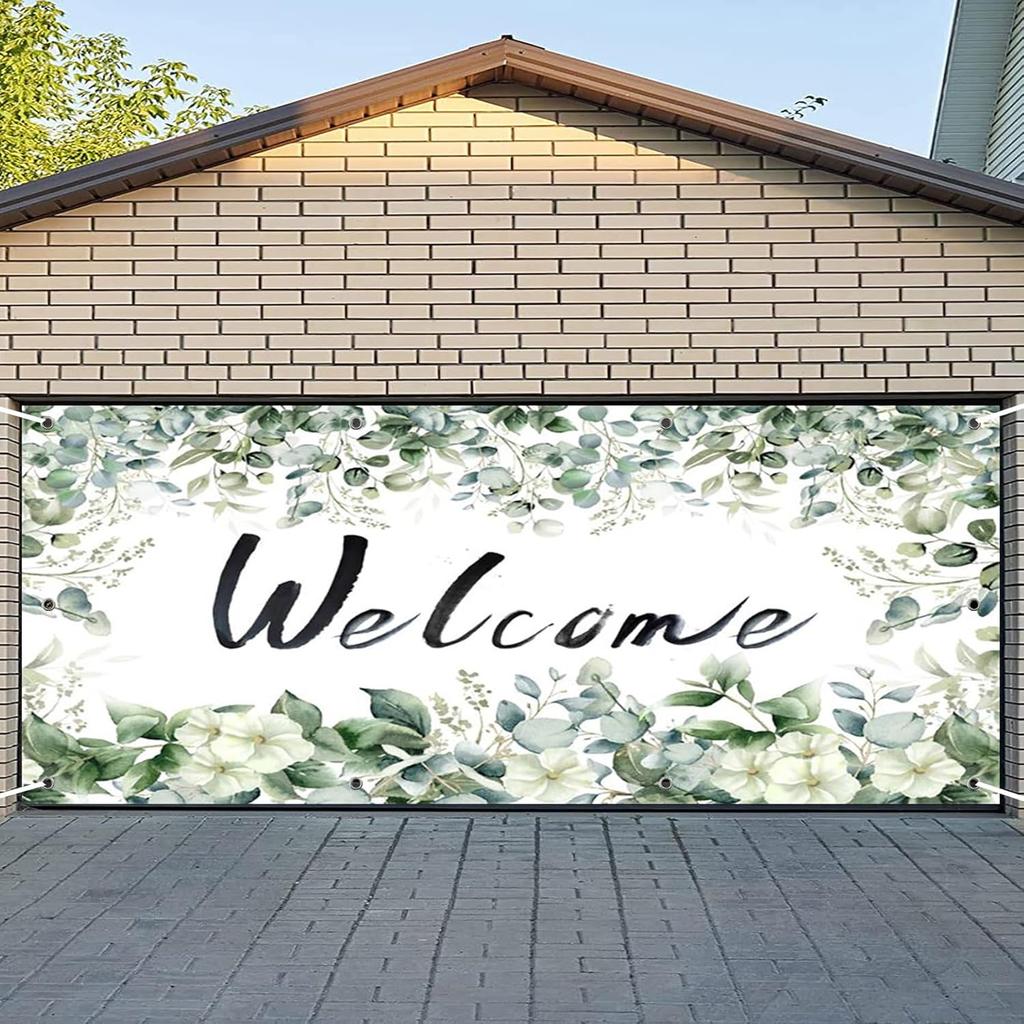 CSFOTO 7x16 stóp Baner Dekoracyjny Drzwi Garażowe z Motywem Witamy Wiosenne Rośliny Liście Dekoracja Garażu Tło Zielone Liście Eukaliptusa Duże Drzwi Garażowe