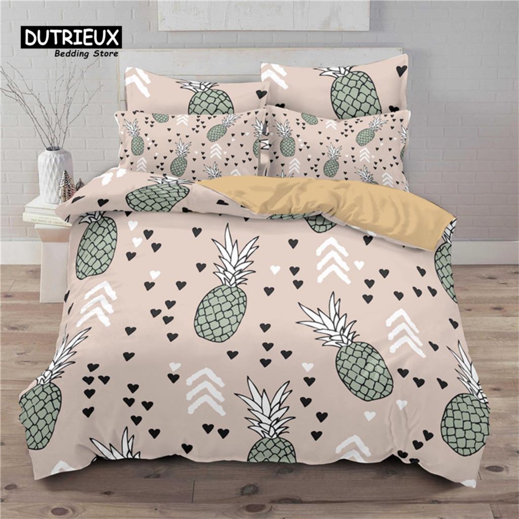 Funny Tropical Fruit Bedding Set Microfiber Pineapple Pear Geometric Pattern Duvet Cover With Pillowcases For Kids Bedroom Decor
