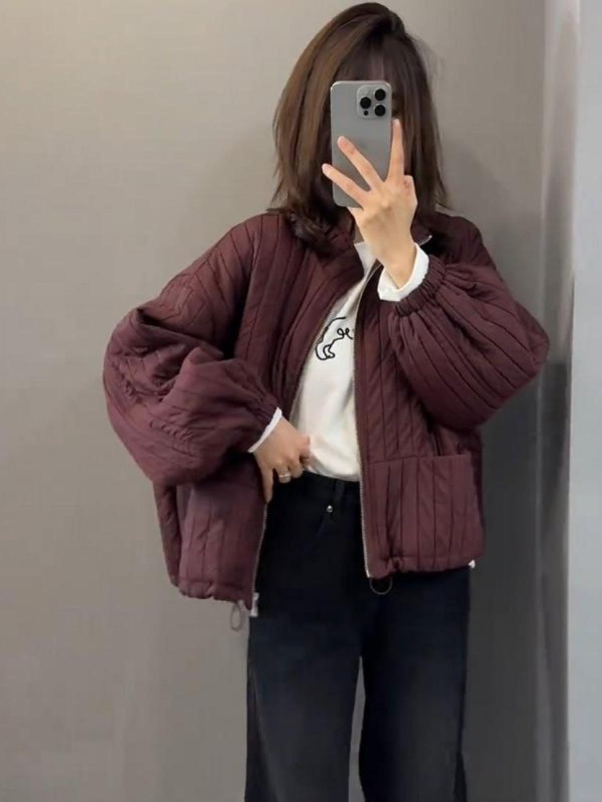 

Короткая ромбовидная маленькая хлопковая куртка женская 2025 осень новая повседневная свободная высококачественная стеганая куртка женская S бордовый