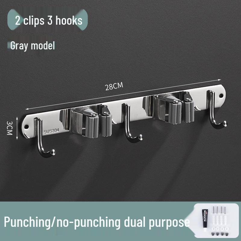 Stainless Steel Punch-Free Mop Holder with Black & Green Clips for Bathroom or Balcony Storage
