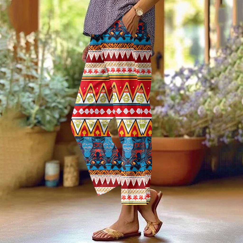 Damen Casual Mode Bedruckte Hose mit geradem Bein Hose mit Taschen