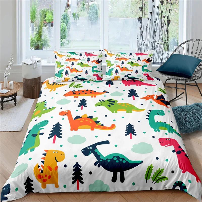 Cute Cartoon Dinosaur Duvet Cover For Boy Girl 2/3Pcs Kawaii Animal Dinosaur Print Bedding Set Twin Queen Microfiber Quilt Cover