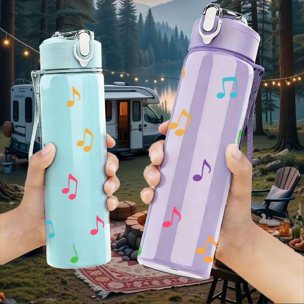 1PC Colorful Music Note Pattern 750ml Color Plastic Sports Water Bottle Leakproof Flip Straw Lid Suitable for Sports Office Home Use
