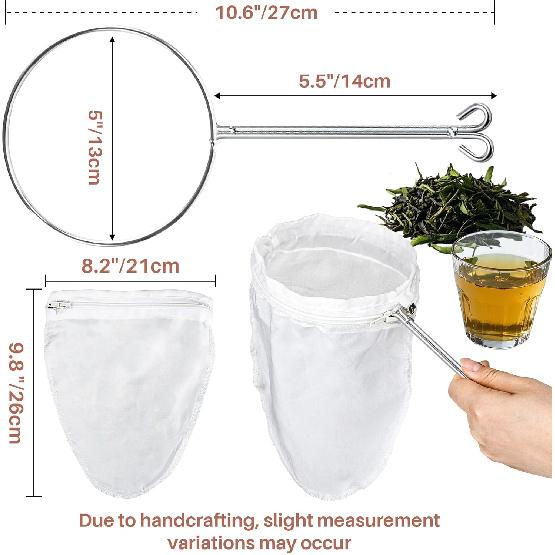 3 PCS Fine Mesh Strainer Bags - RAINFLOW Reble Cheese Cloth Bag for Straining with Stainless Steel Handle Medium Size Food Grade Filter for Coffee