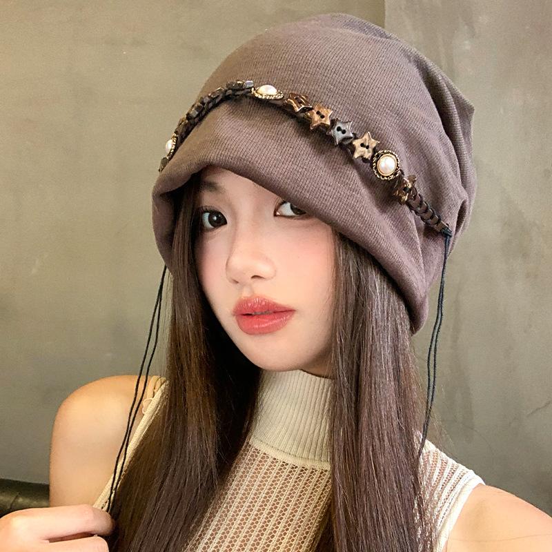 Vintage Y2K Baggy Cap Star Fringed Boho Chain Decor Beanies Cap Versatile Ethnic Style Autumn Winter Pullover Hats Streetwear