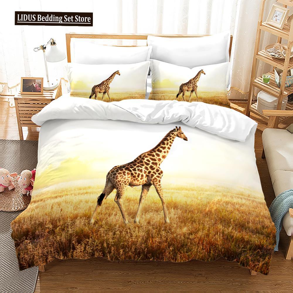 Deer Duvet Cover Set King Polyester Bedding Set For Kid Children Gift Bedding Set 3D Animal Giraffe Purple Theme Comforter Cover