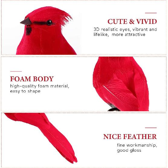 TENDYCOCO Artificial Red Cardinal Birds with Clip Simulated Foam Bird Adornment Ornament Birds Crafts Tree Home Outdoor Decorations,Pack of 2