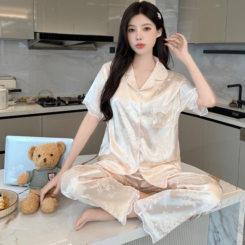 Sweet And Cool Girl Ice Silk Pajamas Women'S Summer Short-Sleeved Trousers Casual Lazy Style Loungewear Can Be Worn Outside
